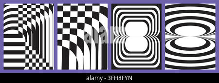 Collection of four abstract black and white geometric patterns featuring optical illusion effects, wavy lines, and distorted checkerboard designs. Stock Vector
