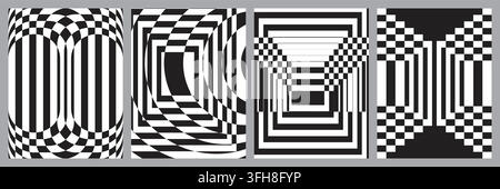 Collection of four abstract op art patterns featuring black and white geometric shapes, creating dynamic optical illusions and modern graphic textures Stock Vector
