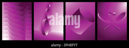 A collection of four abstract 3D geometric designs featuring purple gradients, circular elements, and modern minimalist patterns for digital backgroun Stock Vector