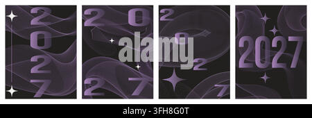 Abstract 2027 calendar or poster designs featuring flowing purple line art, modern typography, and decorative star elements on a dark background. Stock Vector