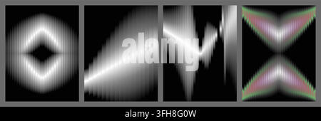 A collection of four abstract digital art panels featuring vertical gradient lines creating geometric shapes and light patterns on a black background. Stock Vector