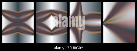 A set of four abstract vertical compositions featuring symmetrical wavy patterns, intricate line textures, and smooth metallic color gradients in a mo Stock Vector
