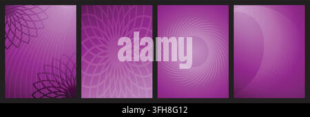 A collection of four vibrant purple abstract backgrounds featuring intricate geometric floral patterns, circular swirls, and elegant flowing line desi Stock Vector