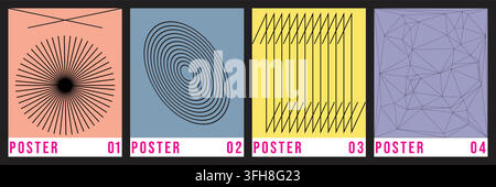 A collection of four modern minimalist posters featuring abstract geometric line art designs, including radial, circular, linear, and triangular patte Stock Vector