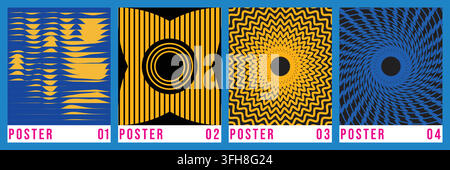 A collection of four modern graphic design posters featuring abstract optical illusion patterns, geometric shapes, and vibrant blue and yellow color s Stock Vector