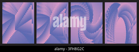 Collection of four abstract vertical backgrounds featuring blue and pink gradient geometric shapes, layered patterns, and dynamic flowing digital art Stock Vector