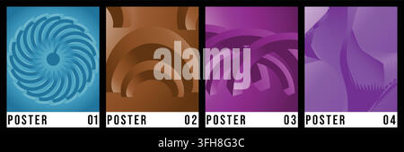 A collection of four modern abstract posters featuring unique geometric patterns, circular motifs, and fluid shapes with vibrant blue, brown, and purp Stock Vector
