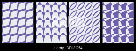 A collection of four distinct seamless geometric patterns featuring repeating purple and white shapes, suitable for textile, wallpaper, or digital bac Stock Vector