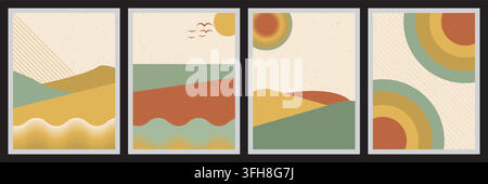 A set of four abstract mid-century modern landscape art prints featuring minimalist hills, sun, and geometric shapes in a retro earth tone color palet Stock Vector