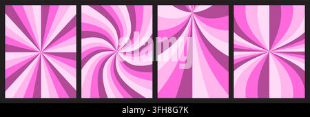 Collection of four vibrant pink radial background patterns featuring straight, swirling, and distorted geometric sunburst designs for creative graphic Stock Vector