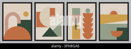 A collection of four contemporary abstract wall art pieces featuring geometric compositions, clean lines, and a warm, muted color palette for modern h Stock Vector