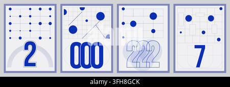 A collection of four abstract artistic posters featuring blue geometric patterns, lines, dots, and large numbers on a light gray background. Stock Vector