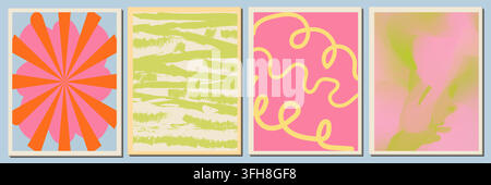 A collection of four modern minimalist art prints featuring sunburst patterns, brush strokes, swirling lines, and soft gradient textures in a colorful Stock Vector