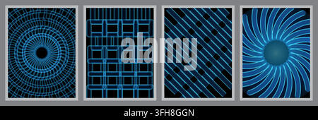 A collection of four distinct abstract designs featuring glowing blue neon-style lines arranged in circular, grid, diagonal, and spiral patterns on bl Stock Vector
