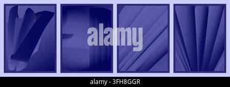 A collection of four minimalist abstract panels featuring deep blue gradients, diagonal lines, and curved geometric patterns for modern graphic design Stock Vector