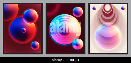 A set of three modern abstract art posters featuring glowing gradient spheres, concentric circles, and fluid shapes in vibrant, futuristic color palet Stock Vector