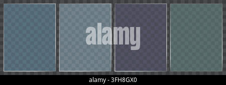 A collection of four rectangular glass panels with subtle reflections and thin frames, presented on a dark transparent grid background. Stock Vector