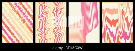 Collection of four modern abstract backgrounds featuring wavy, distorted, and striped patterns in a retro color palette of pink, orange, and cream. Stock Vector
