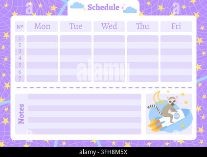 Weekly planner with playful lemur riding rocket and notes section for children. Fun space themed organizer. Stock vector illustration in cartoon flat Stock Vector