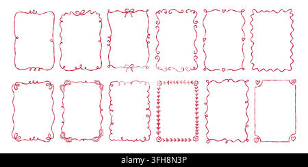 Hand Drawn Red Frame Border Set Cute Ribbon Heart Floral Collection Stock Vector