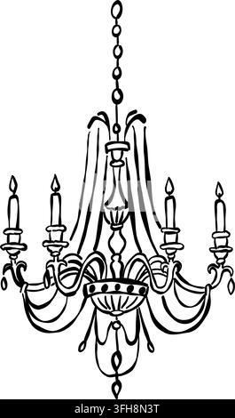 Vintage Crystal Chandelier Candle Light Line Art Illustration Stock Vector