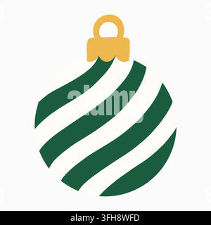 Green Christmas bauble ornament, sweeping white diagonal stripes, rounded silhouette, vector graphic. Curved bands wrap around the spherical form Stock Vector