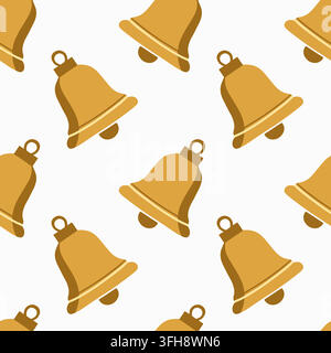 Golden Christmas bell pattern, ringing bell motifs, white background, seamless vector repeat. Rounded gold shapes create a simple rhythmic field with Stock Vector