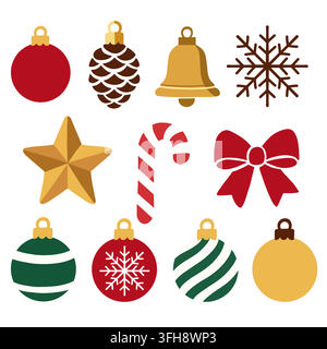 Christmas ornaments collection, baubles pinecone bell snowflake star, candy cane bow, vector graphics. Bold red, green, gold and brown festive symbols Stock Vector