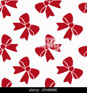 Red Christmas bow pattern, bold ribbon motifs, white field, seamless vector repeat. Symmetrical loops and pointed tails produce a clean festive rhythm Stock Vector