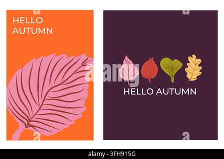 Set of autumn celebration banners with floating leaves, curved stems and organic abstract details in caramel, sage and coral, hand drawn flat minimalist vector illustration. Stock Vector