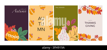 Set of coquettish Thanksgiving cards featuring stylized pumpkins adorned with elegant bows, tiny leaves and botanical accents, combining warm neutrals with muted blush and sage in a flat minimalist vector style. Stock Vector