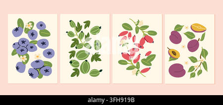 Modern minimalist poster with blueberry, plum, barberry and gooseberries arranged as a colorful seasonal fruit collection, featuring simple flat hand Stock Vector