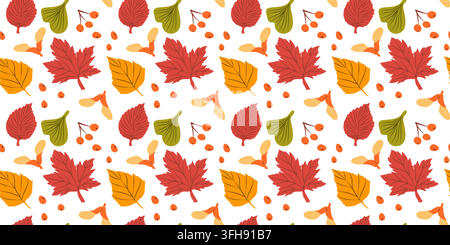 Abstract autumn foliage arranged in an organic repeating pattern, combining elongated leaves and rounded shapes in emerald green, moss, cool pink, orange-yellow and muted red, hand drawn vector illustration. Stock Vector