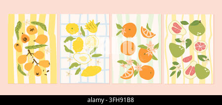 Vintage-inspired modern poster featuring yuzu, medlar and pomelo, mandarin arranged on a sophisticated striped background, combining nostalgic Mediterranean colors with a flat hand drawn vector illustration style. Stock Vector