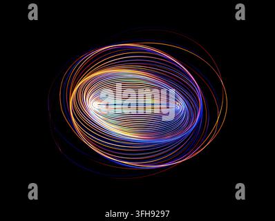 Multicolored Abstract Light Painting with Elliptical Light Trails on Black Background Stock Photo