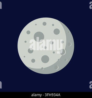 Minimalist Flat Full Moon Icon with Surface Craters on Dark Slate Night Sky Background Stock Vector