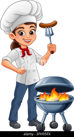 Cartoon female woman chef in uniform grilling sausage, hot dog on fork over flaming barbecue grill. Happy lady cook character for BBQ party, picnic, r Stock Vector