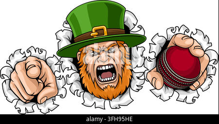 An angry Leprechaun Celtic Irish cartoon character holding Cricket ball and pointing sports team mascot illustration. Stock Vector