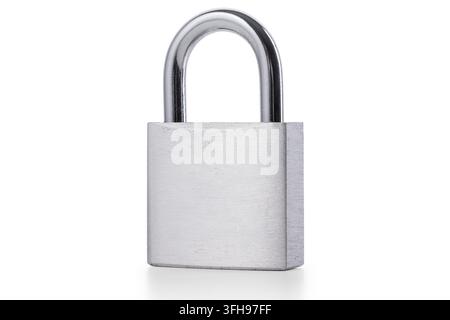 Silver steel padlock closed isolated on white background Stock Photo