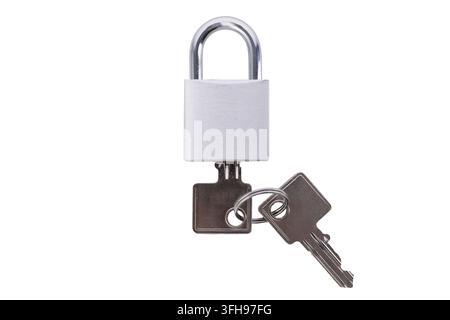 Silver steel padlock with keys inserted isolated on white background Stock Photo