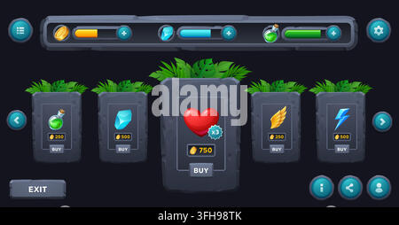 Rocky game shop interface windows and icons, loading bars of grey stone. Game shop panel UI or sale board window frames of rock stones boxes with inve Stock Vector