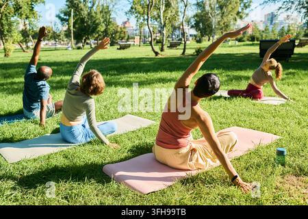 Diverse Group of People Practicing Yoga Outdoors in Park Stock Photo