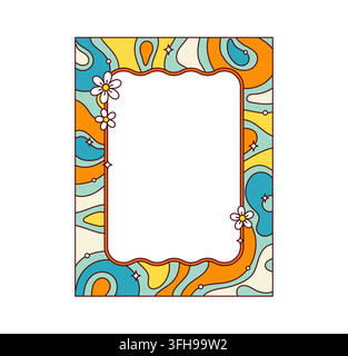 Groovy retro psychedelic color wavy frame and cartoon hippie y2k border with daisies, sparkling stars and bright squiggly pattern. Pastel photoframe b Stock Vector