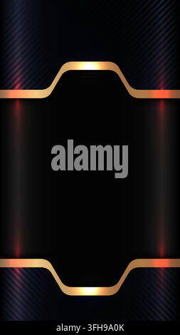 Dark luxury background template with metallic gold curved border frame abstract carbon fiber texture red neon light effect high tech futuristic layout Stock Vector