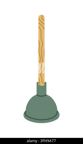 Toilet plunger with wooden handle for clearing blocked drains and plumbing maintenance. Household cleaning tool for home repairs company, cleaning ser Stock Vector