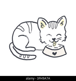 Hand drawn line art illustration of a cat eating from a heart-shaped bowl on a white background. Stock Vector