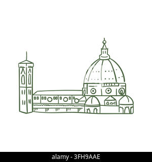 Hand drawn line art illustration of a cathedral with a dome on a white background. Stock Vector