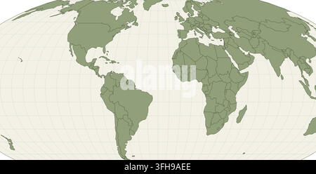 atlas mollweide atlantic sage world map rendered as editable projection atlas with editable country borders with graticule lines on a geographic Stock Vector
