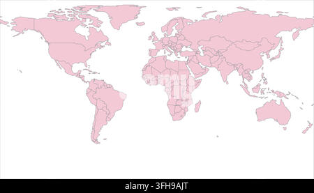editable projection atlas world map in atlas patterson pastel pink palette featuring editable country borders with graticule lines on a geographic Stock Vector