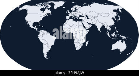 abstract atlas robinson corporate navy editable projection atlas world map showing editable country borders with graticule lines on a geographic Stock Vector